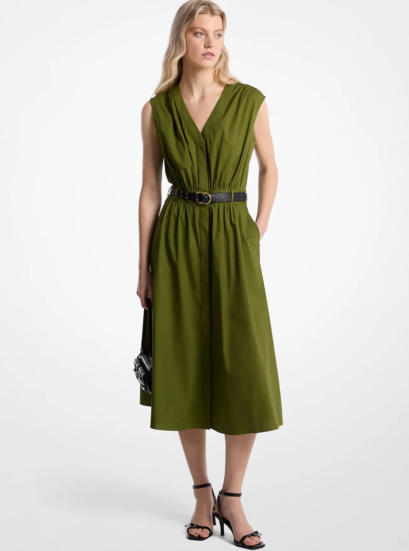 Michael Kors Midi-jurk van katoenpopeline met stretch en riem EVERGREEN Clearance