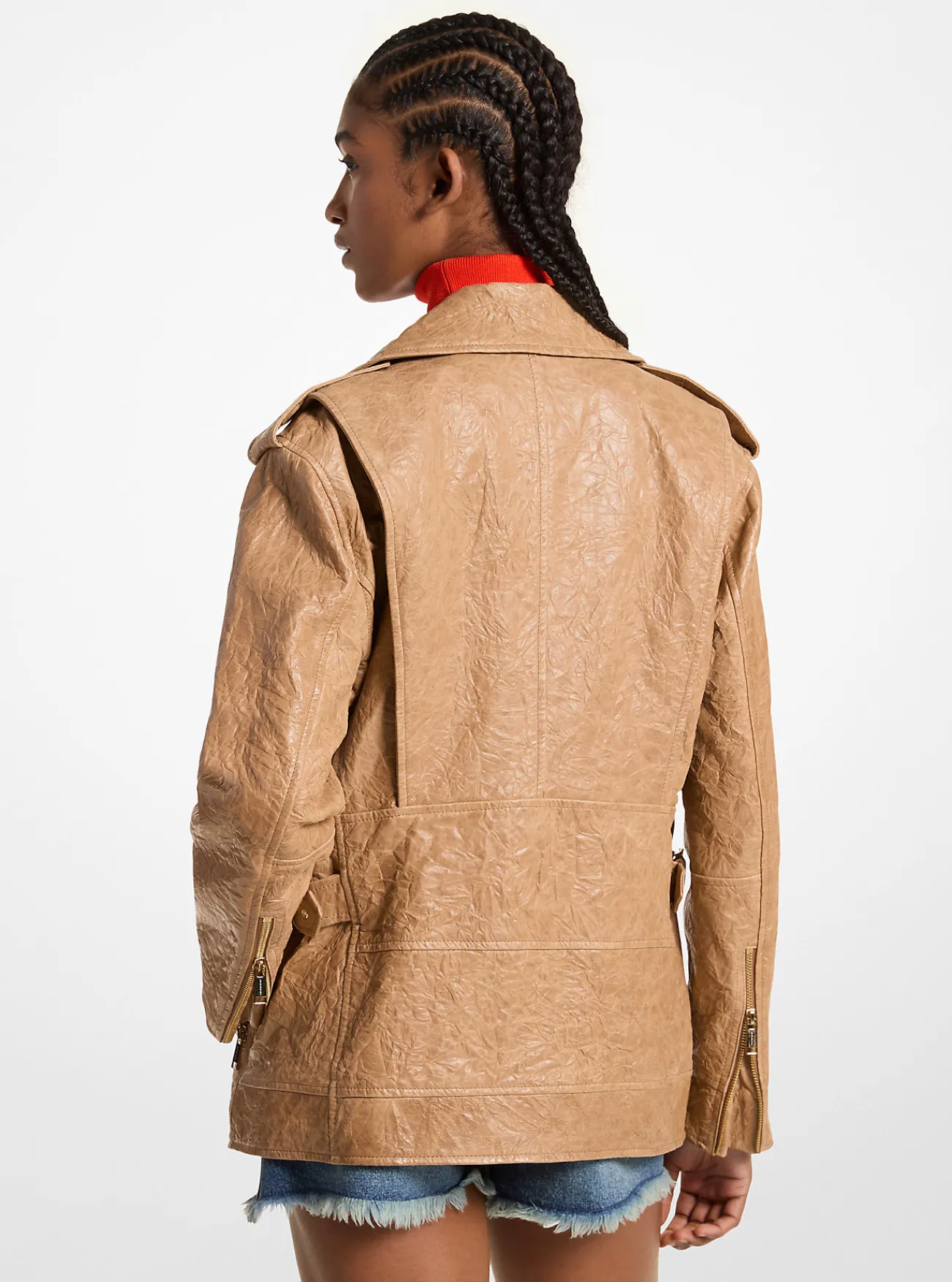 Michael Kors Motorjack van gekreukt leer, oversized DONKERCAMEL Online
