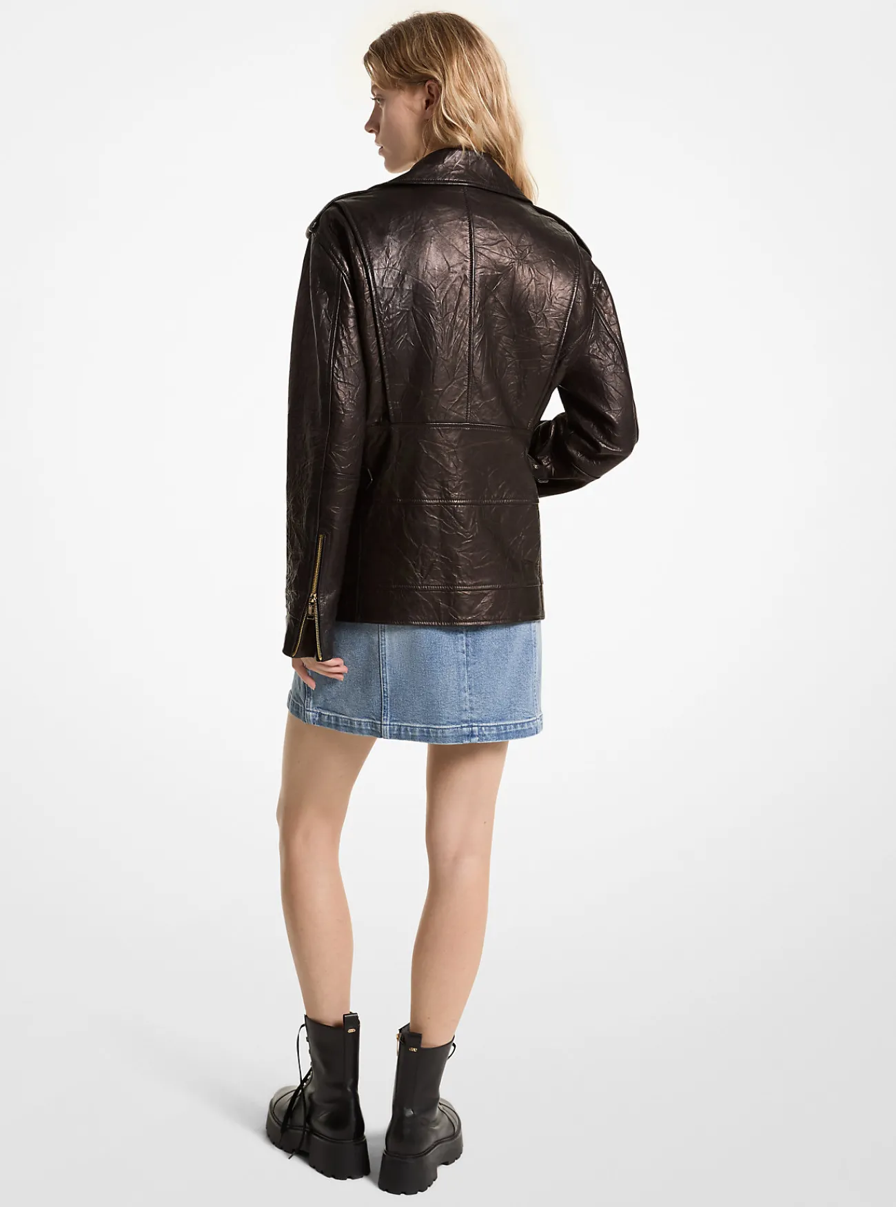 Michael Kors Motorjack van gekreukt leer, oversized ZWART New
