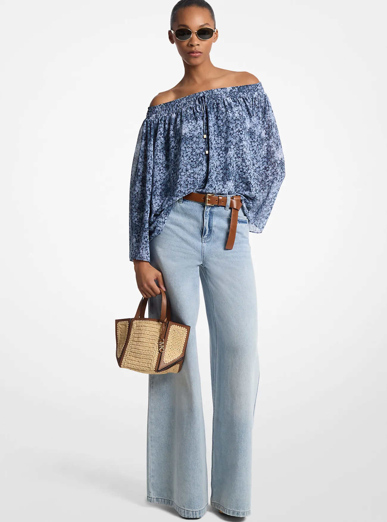 Michael Kors Offshoulder top van cr&ecirc;pe georgette met bloemenprint en tie-dye MIDNIGHTBLUE Clearance