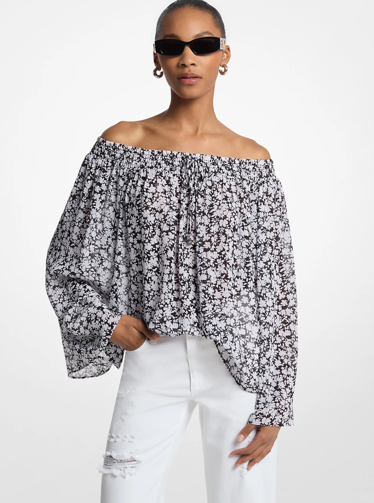 Michael Kors Offshoulder top van cr&ecirc;pe georgette met bloemenprint WIT Best