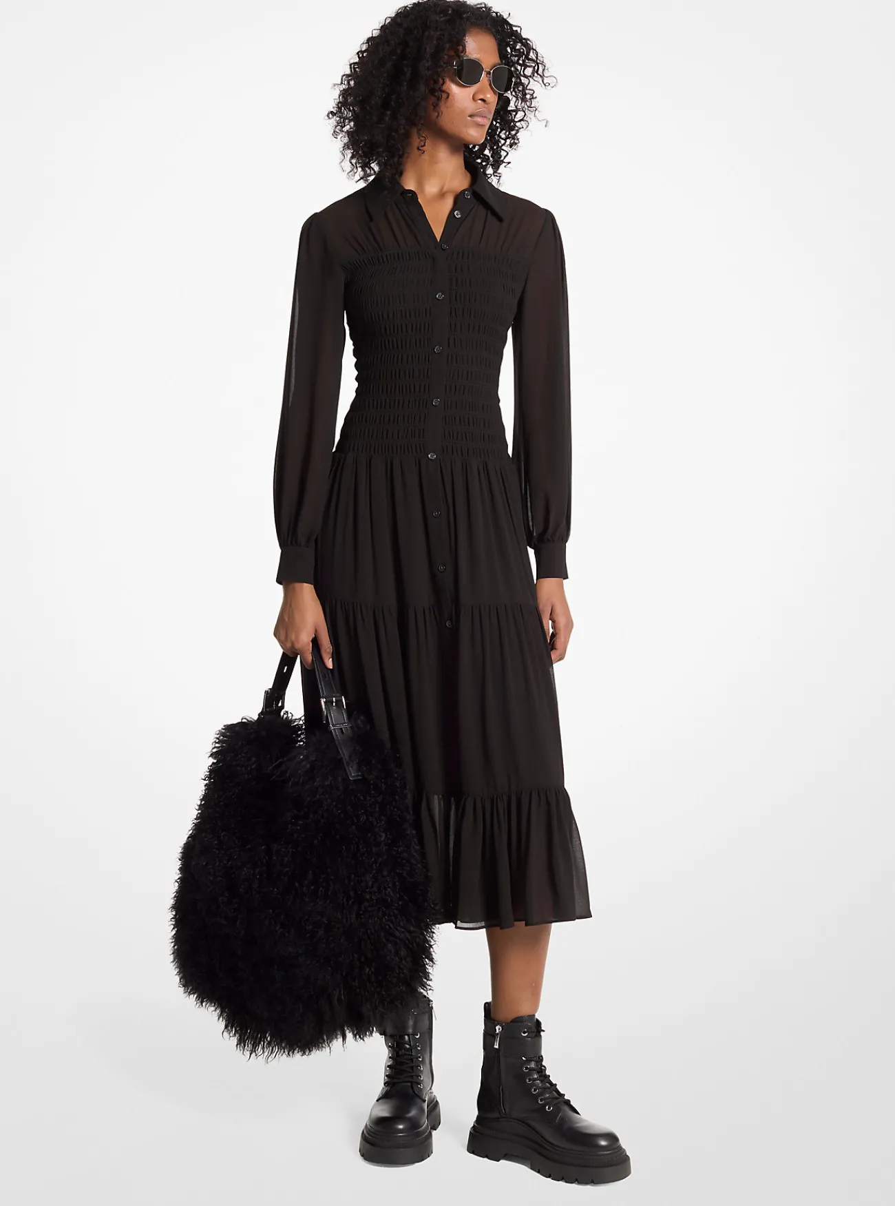 Michael Kors Overhemdjurk van cr&ecirc;pe georgette met smokwerk ZWART Clearance