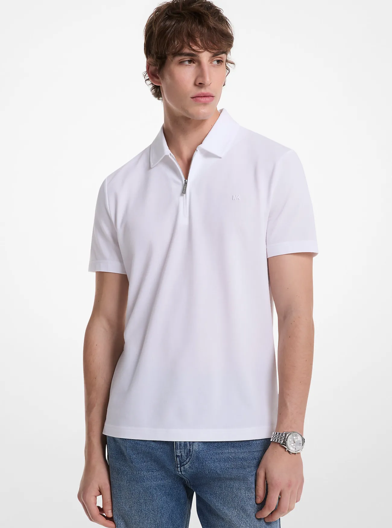 Michael Kors Poloshirt van piqu&eacute;stof van katoenmix met rits WIT Fashion