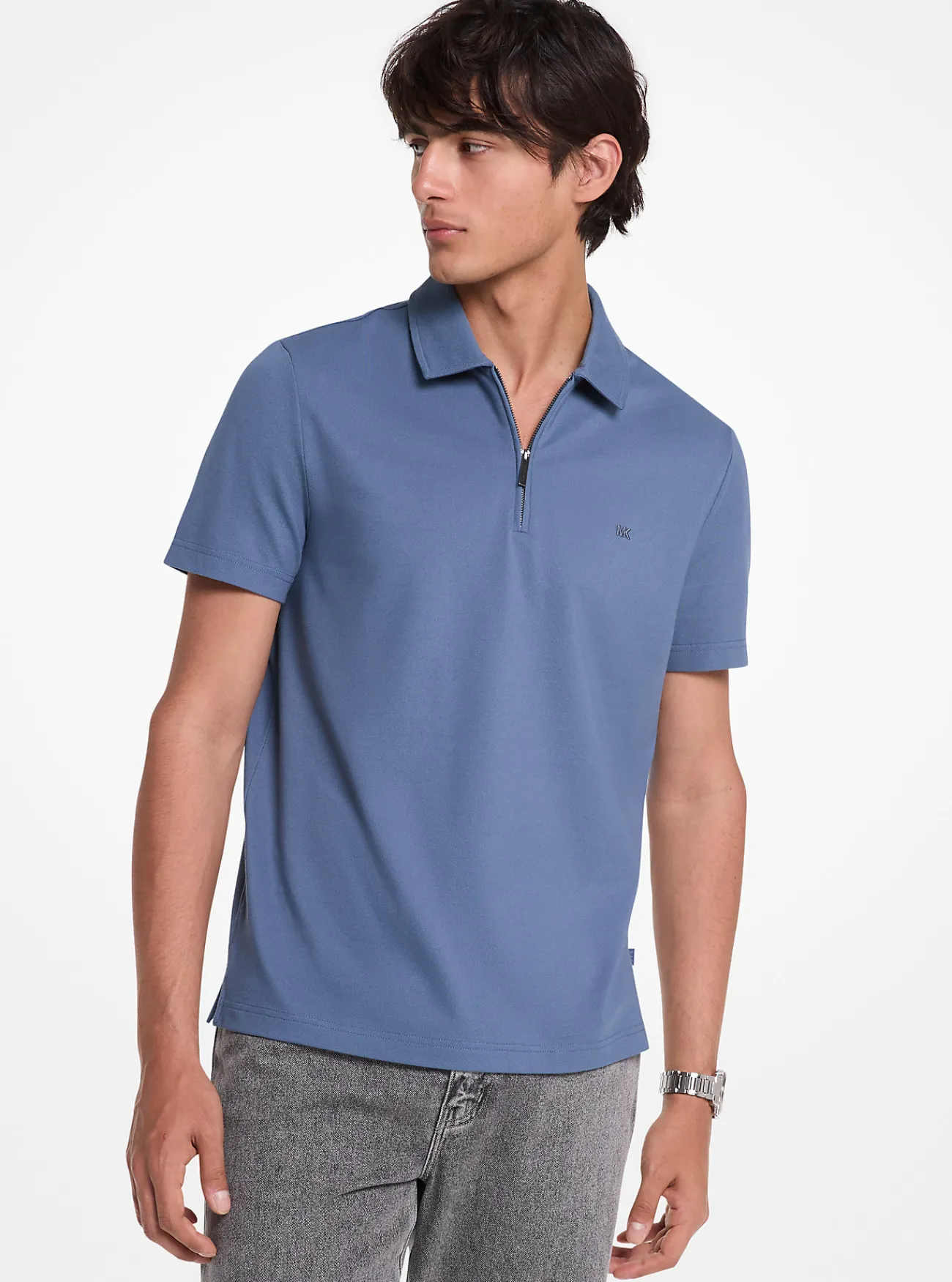Michael Kors Poloshirt van piqu&eacute;stof van katoenmix met rits DONKERCHAMBRAY Clearance