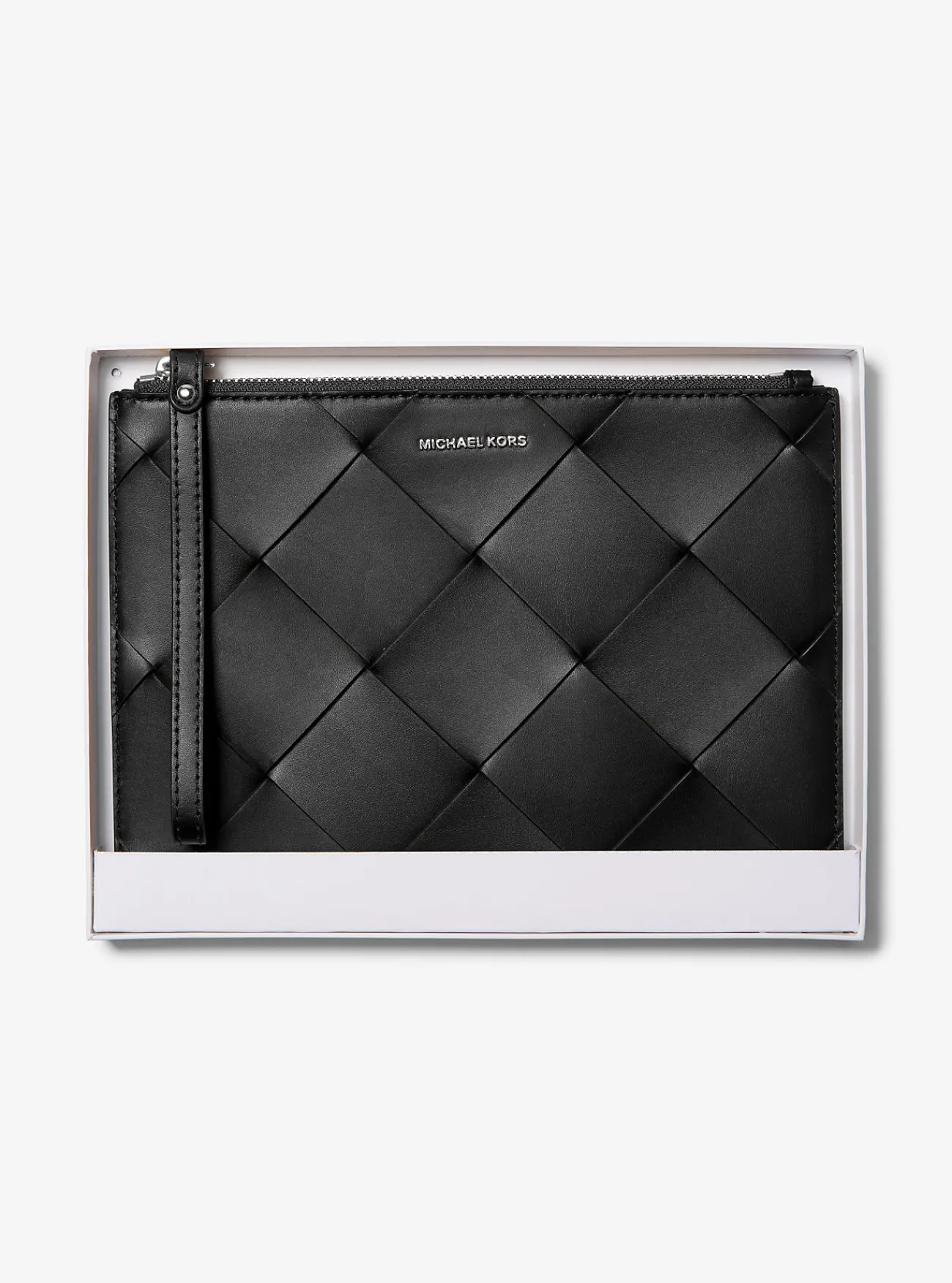 Michael Kors Polstasje Jet Set Travel van geweven leer, extra groot ZWART Discount
