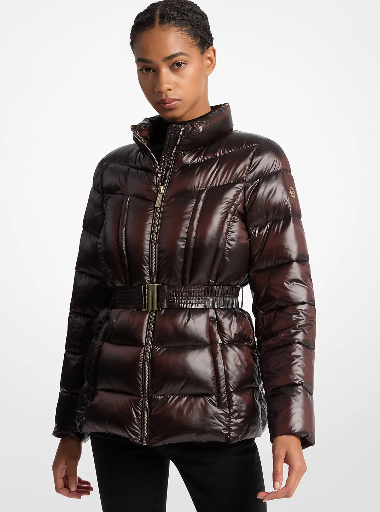 Michael Kors Pufferjas van doorgestikt nylon met boord van imitatiebont, opvouwbaar CHOCOLADE Fashion