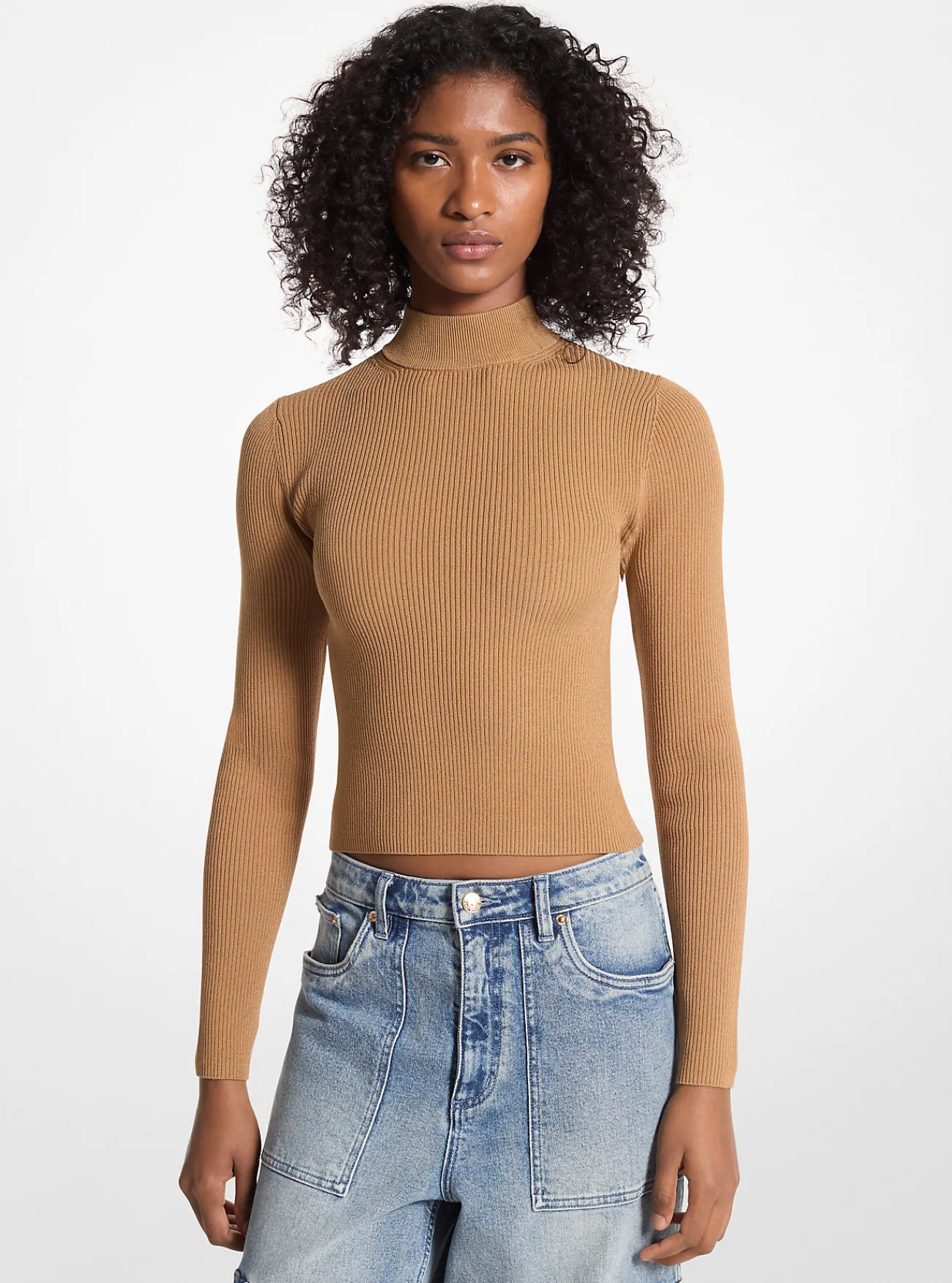 Michael Kors Ribgebreide sweater met opstaande hals DONKERCAMEL Online