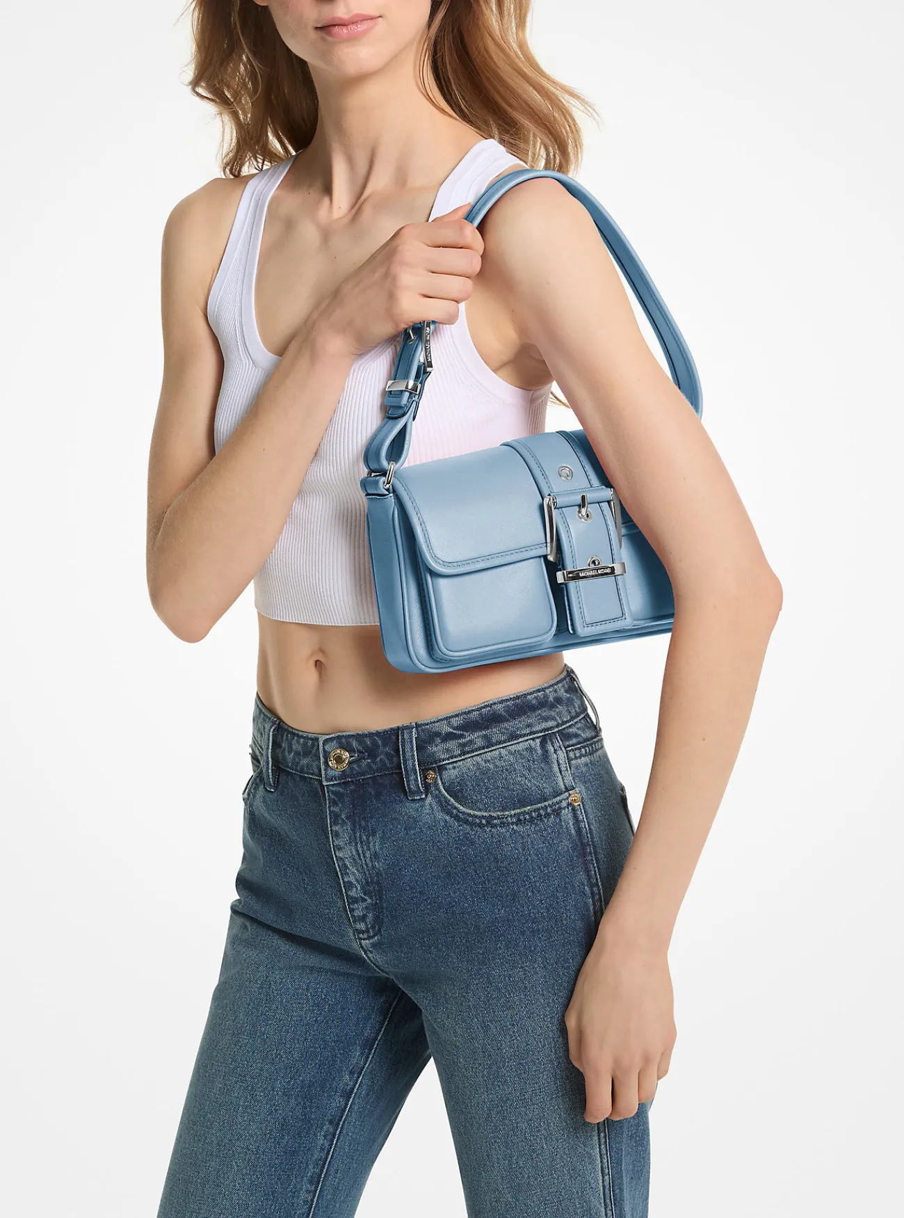 Michael Kors Schoudertas Colby van leer, middelgroot CHAMBRAY Discount