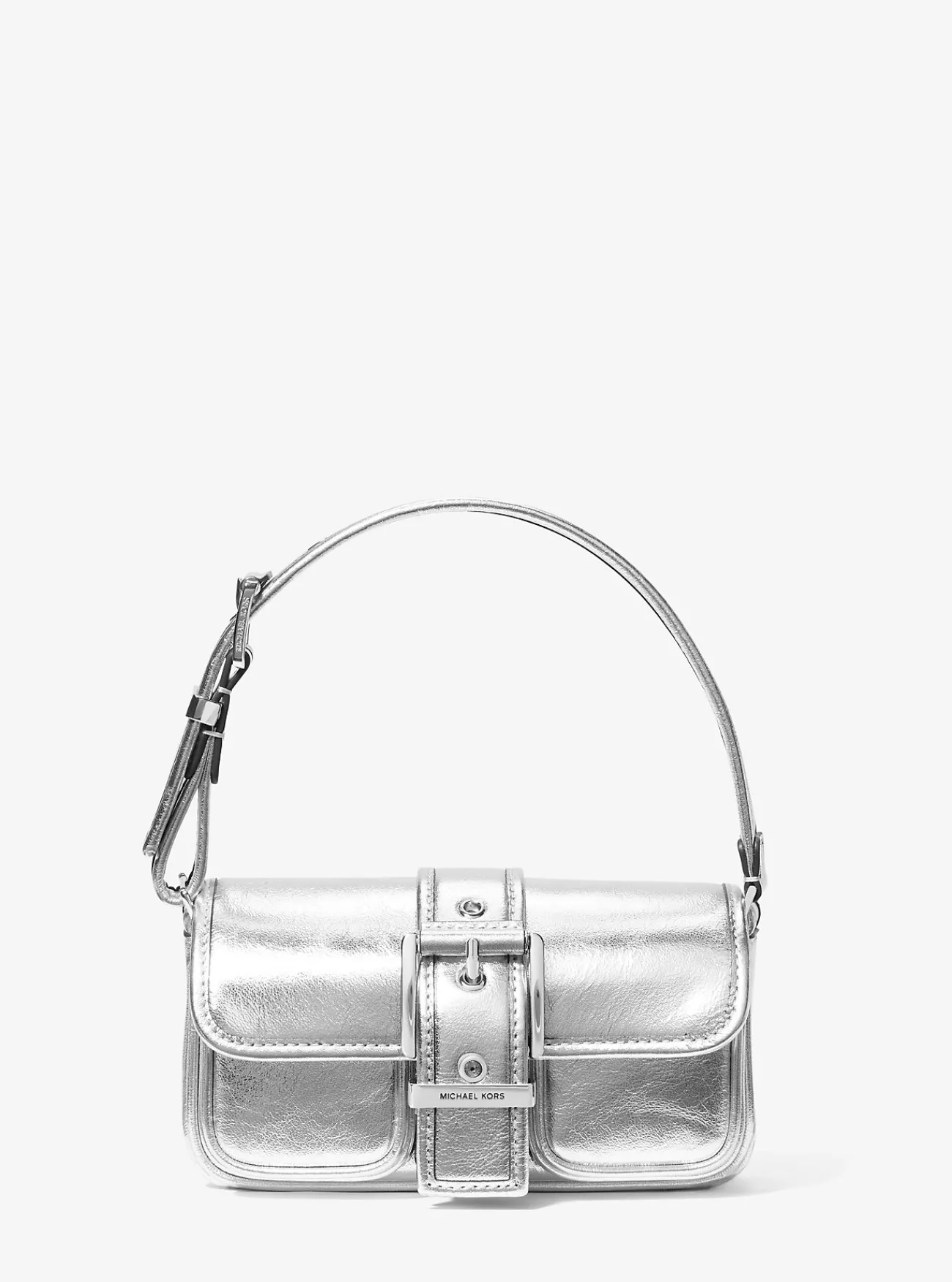 Michael Kors Schoudertas Colby van metallic leer, extra klein ZILVER Clearance