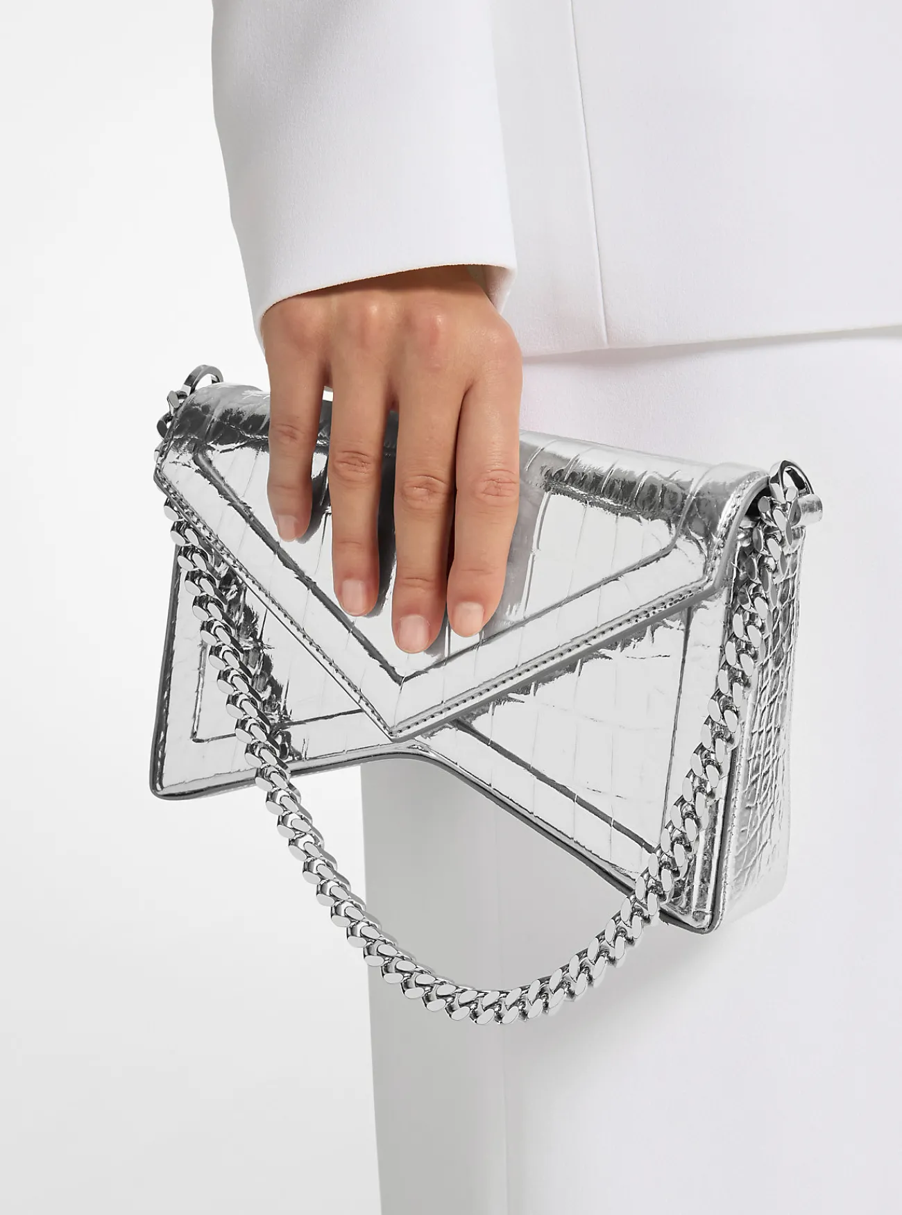 Michael Kors Schoudertas Manhatta van metallic leer met krokodillenprint in reliëf ZILVER Discount