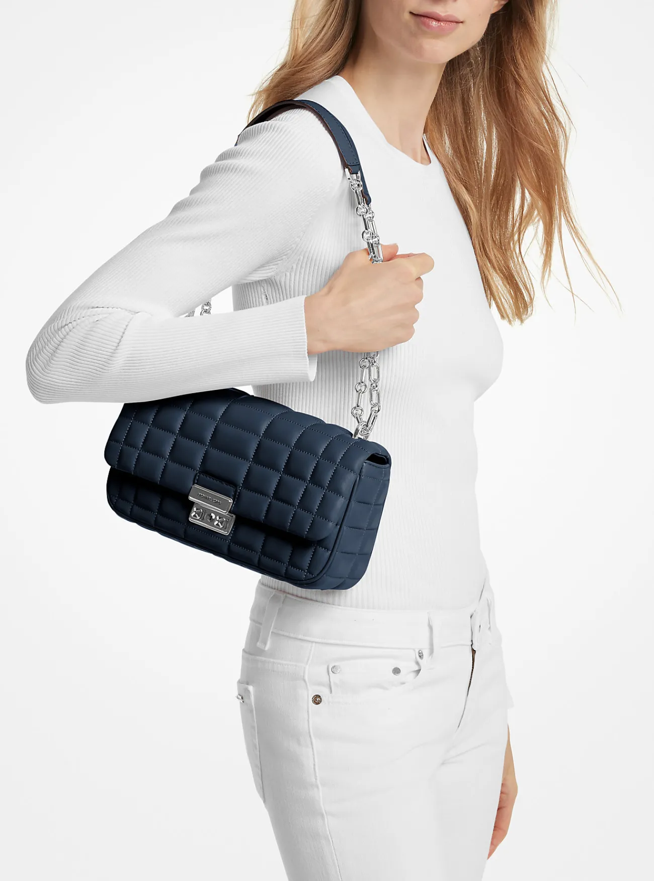 Michael Kors Schoudertas Tribeca van doorgestikt leer, groot MARINEBLAUW Best