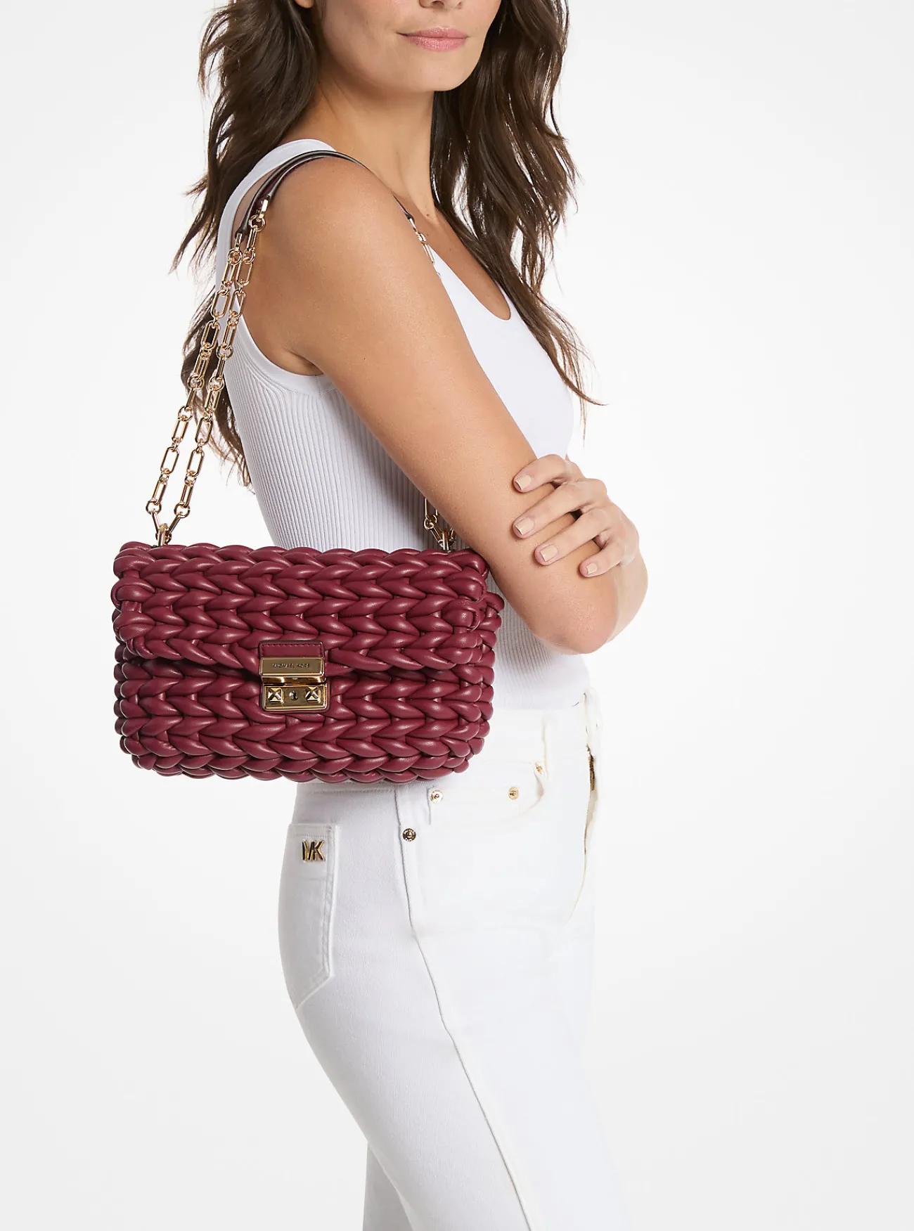 Michael Kors Schoudertas Tribeca van handgevlochten leer, groot MOERBEI Discount