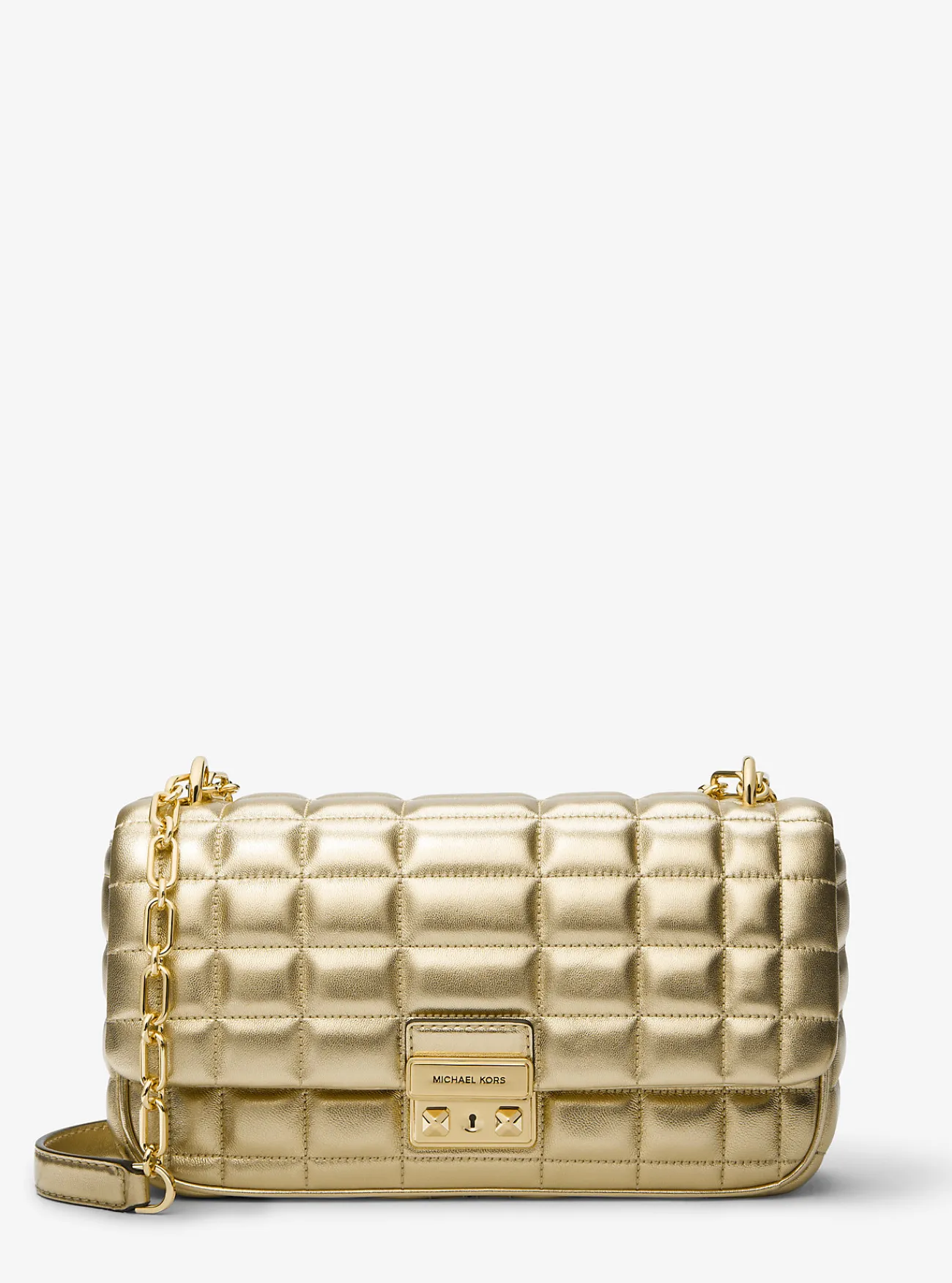 Michael Kors Schoudertas Tribeca van metallic doorgestikt leer, groot LICHTGOUD Outlet