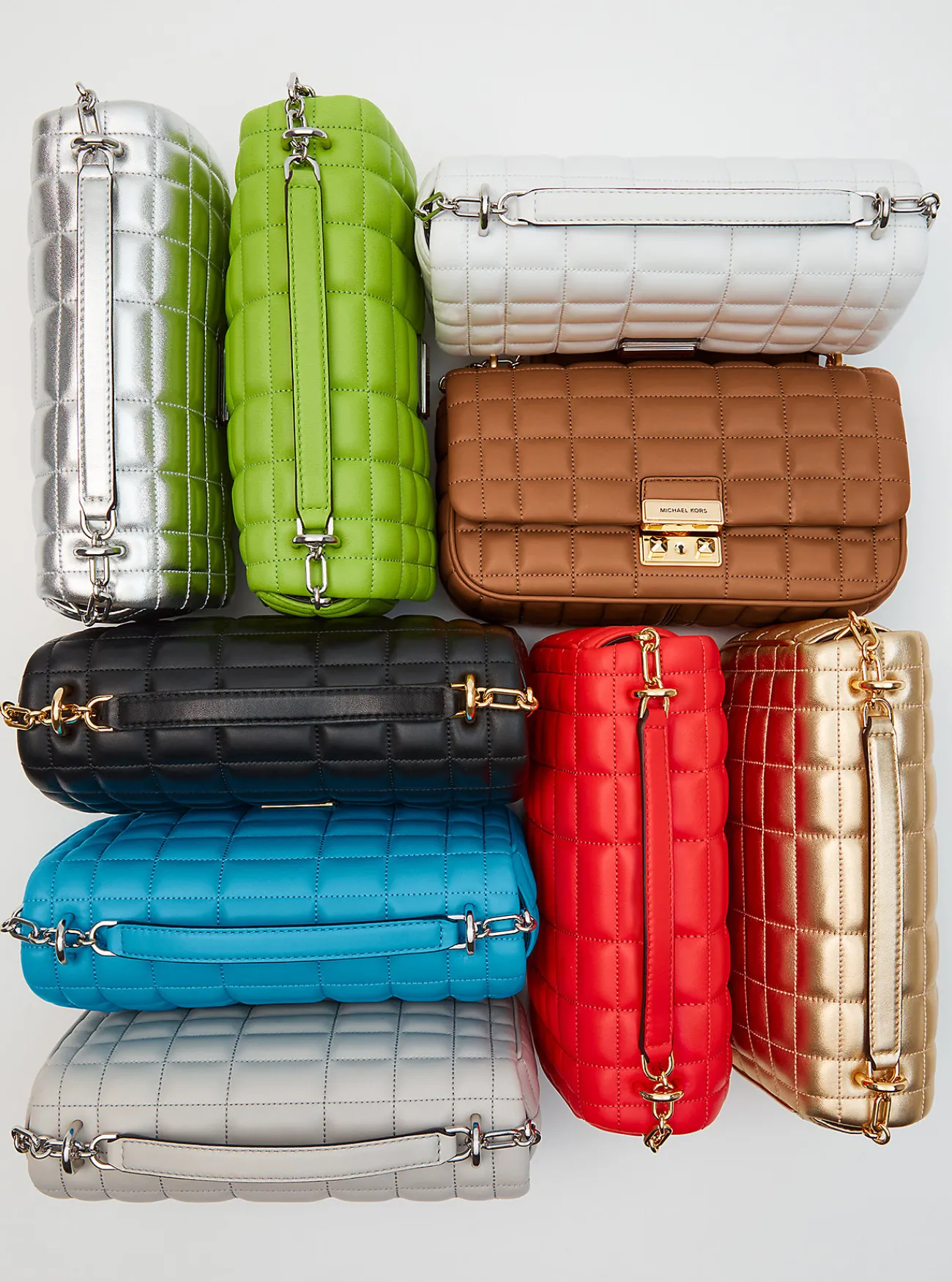 Michael Kors Schoudertas Tribeca van metallic doorgestikt leer, groot ZILVER New