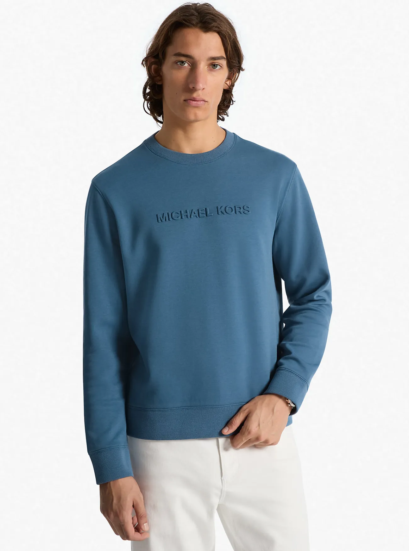 Michael Kors Sweater van katoenmix met logo in reli&euml;f DONKERCHAMBRAY Best