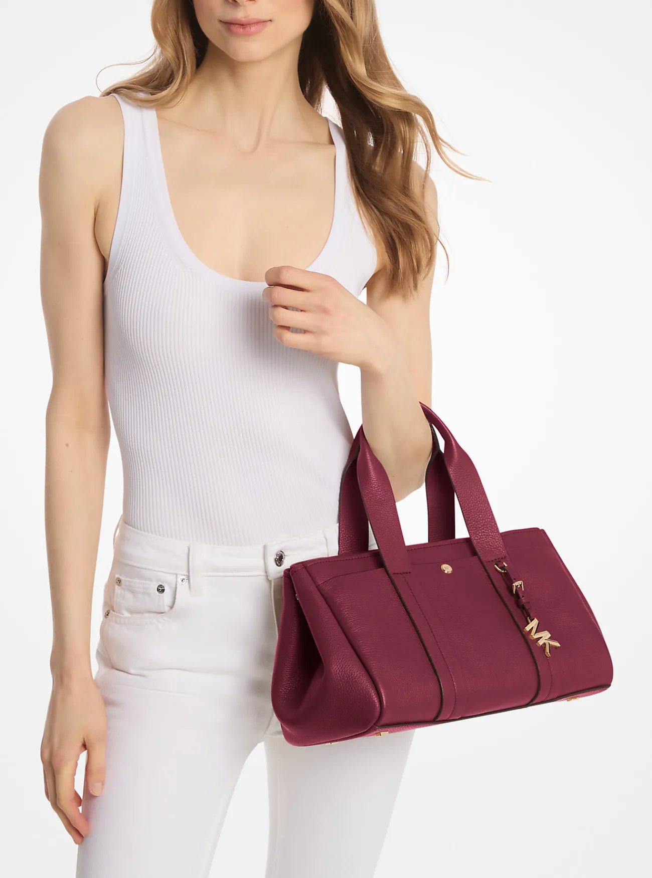 Michael Kors Tas Romee van getrommeld leer, klein MOERBEI New