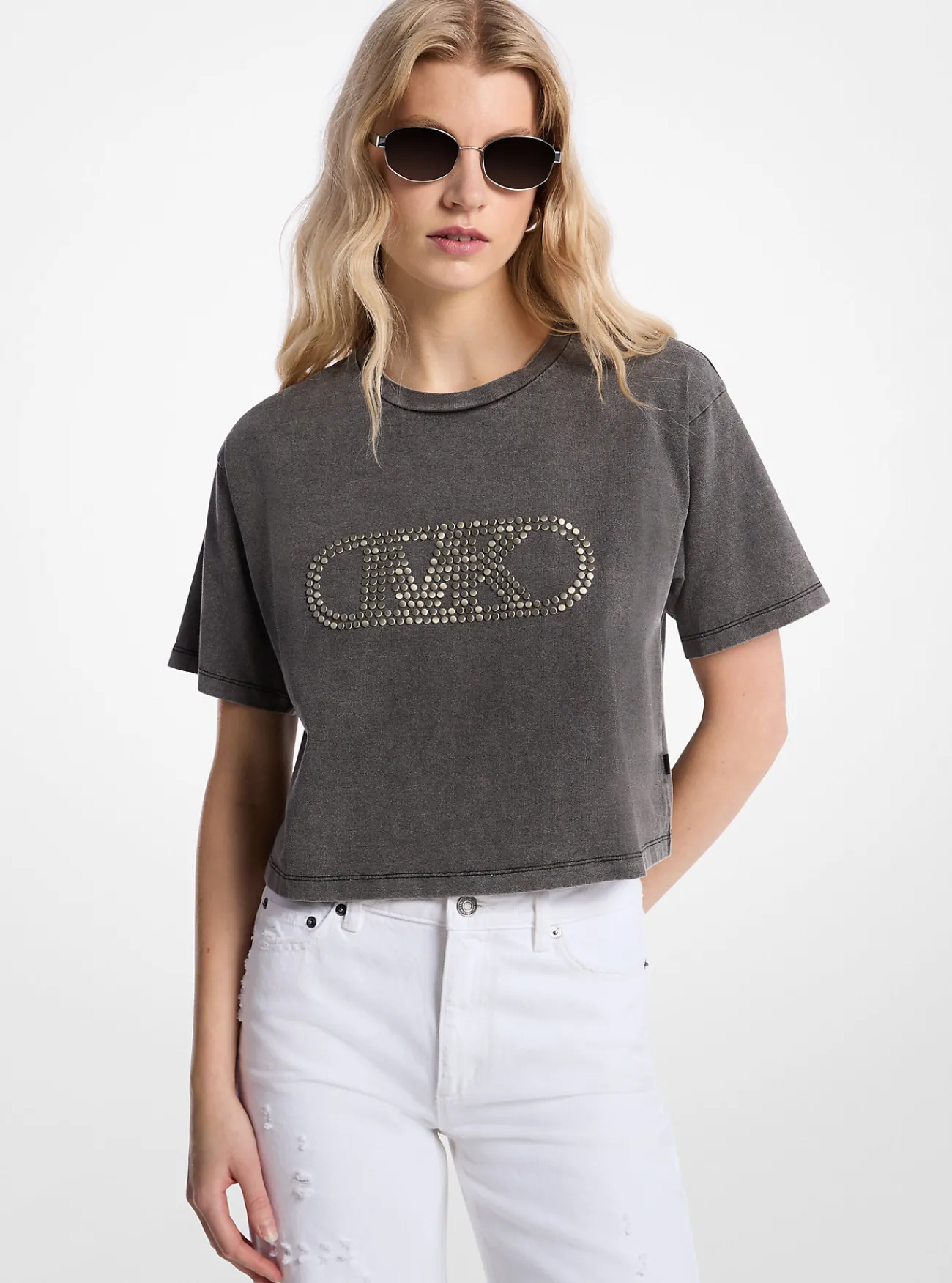 Michael Kors T-shirt van geverfd katoen met studs en korte pasvorm ZWARTMETWASSING Clearance