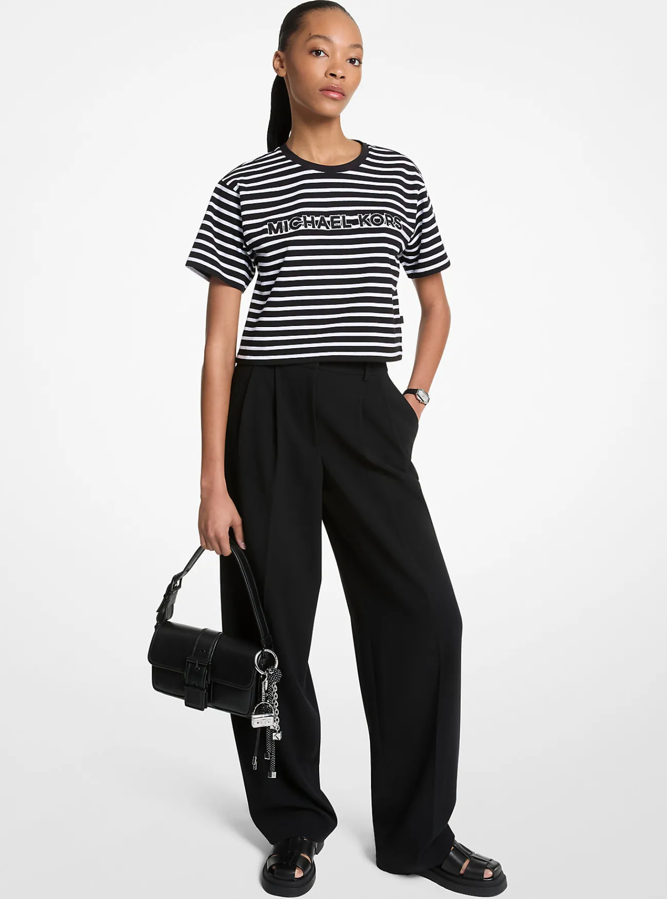 Michael Kors T-shirt van katoen met logo en strepen, korte pasvorm ZWART Fashion