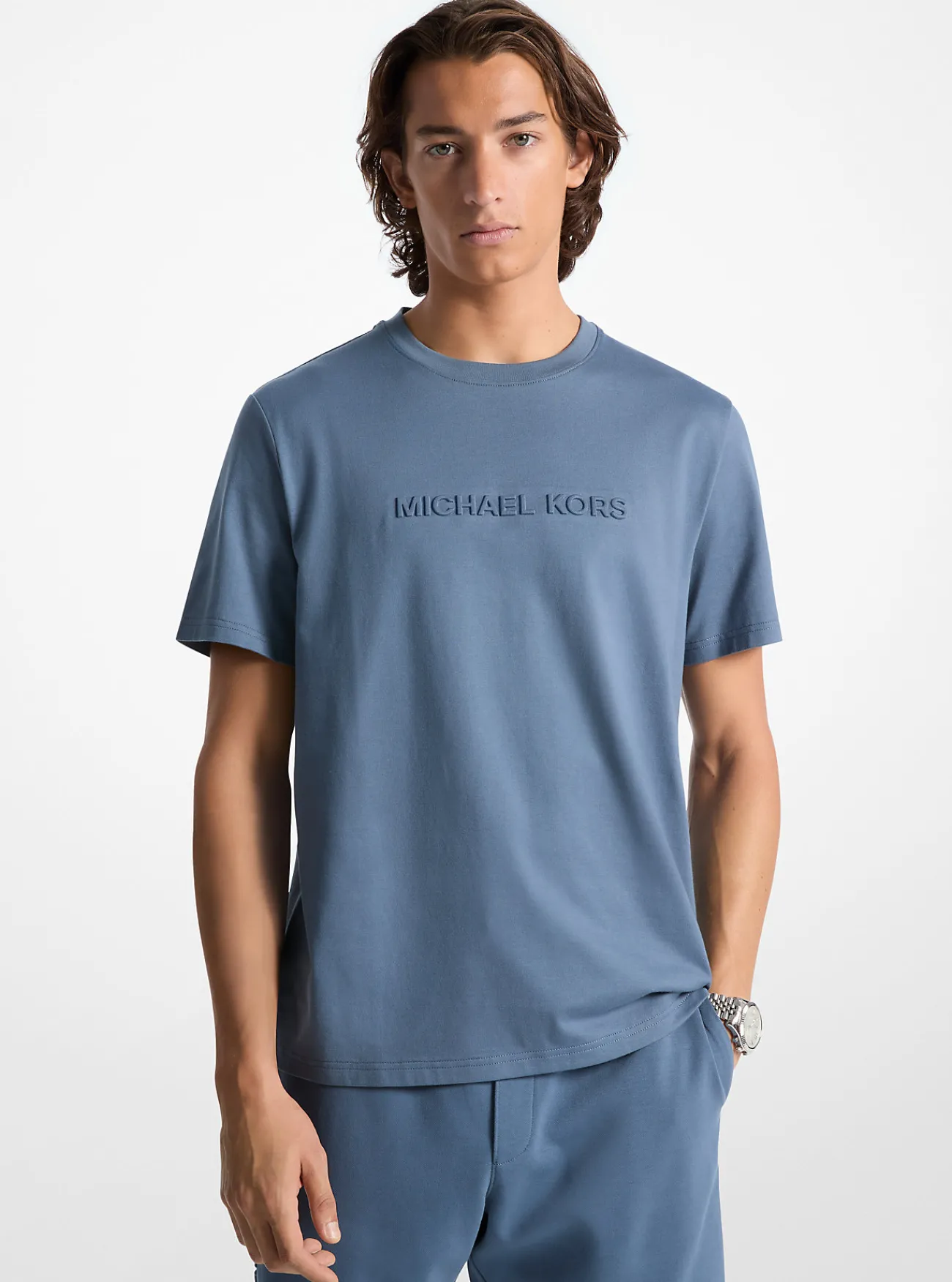 Michael Kors T-shirt van katoen met reli&euml;flogo DONKERCHAMBRAY Clearance