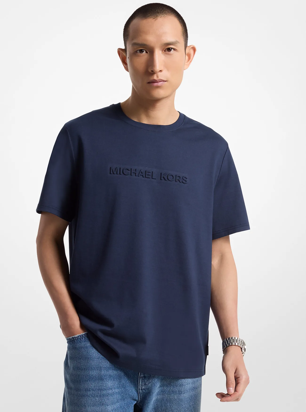 Michael Kors T-shirt van katoen met reli&euml;flogo MIDDERNACHTSBLAUW New