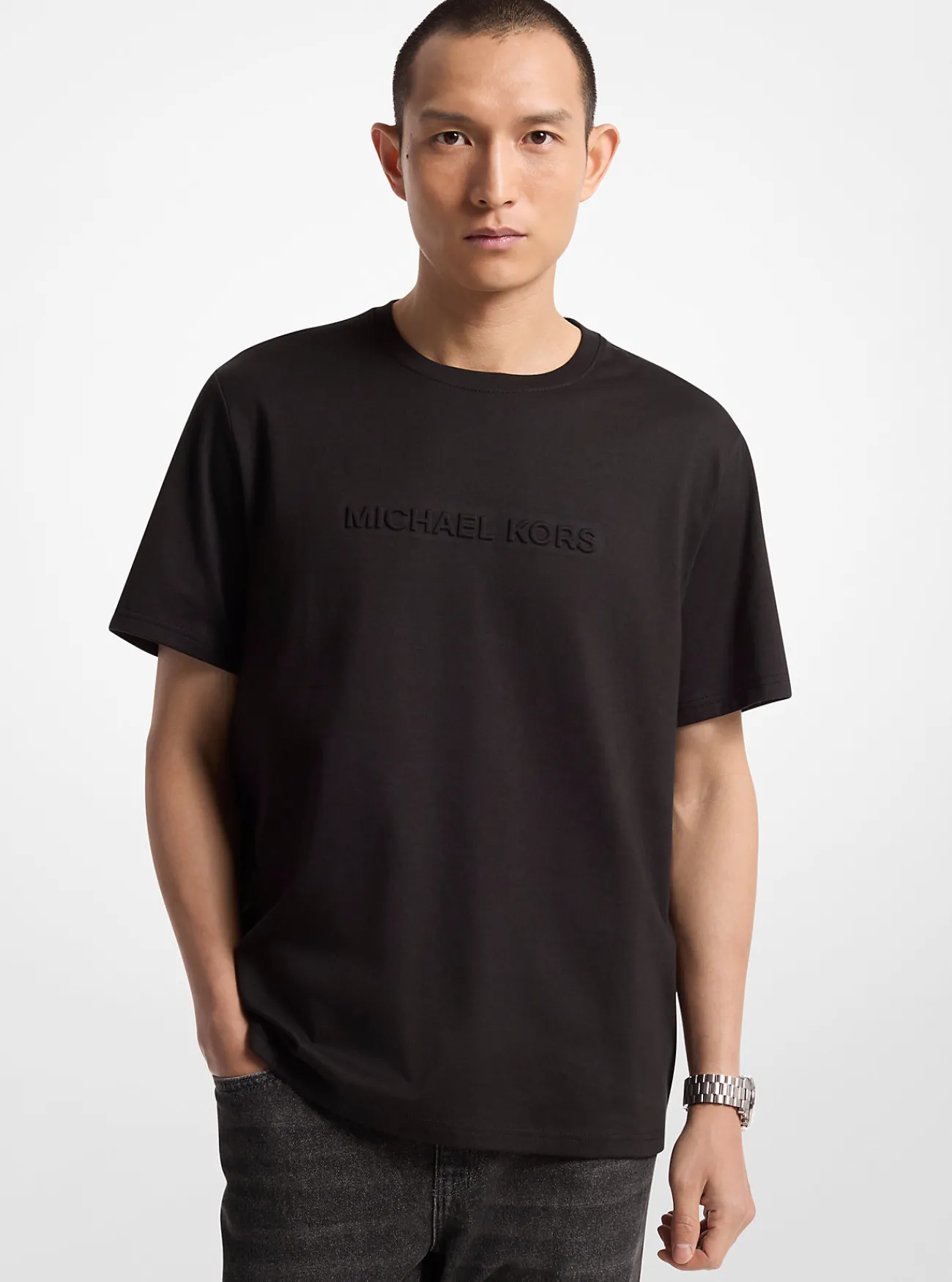 Michael Kors T-shirt van katoen met reli&euml;flogo ZWART New
