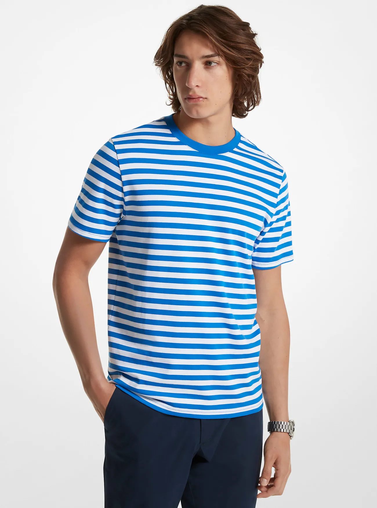 Michael Kors T-shirt van pima-katoen, gestreept GRIEKSBLAUW Outlet