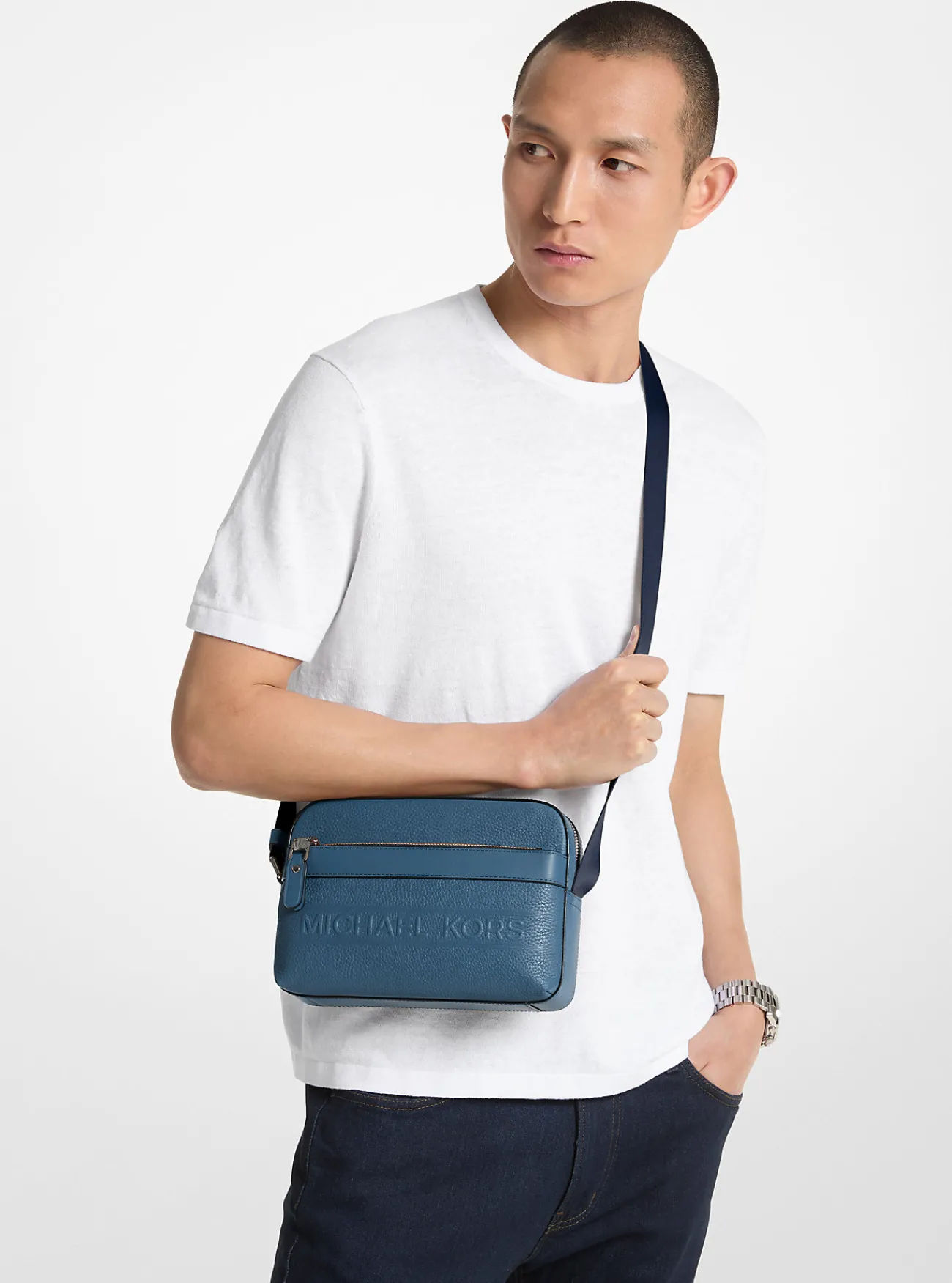 Michael Kors Utility-crossbodytas Hudson van getrommeld leer DONKERCHAMBRAY Best